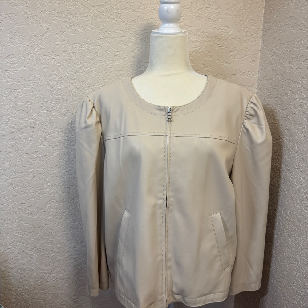 Ann Taylor Womens Cream Faux Leather Zip-Front Jacket